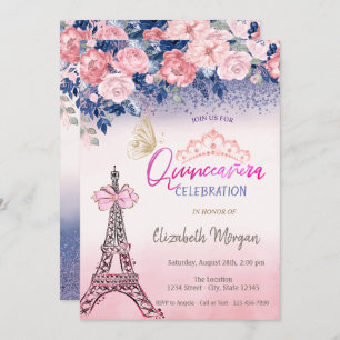 Flowers,Eiffel Tower Bow Butterfly Quinceanera  Invitation