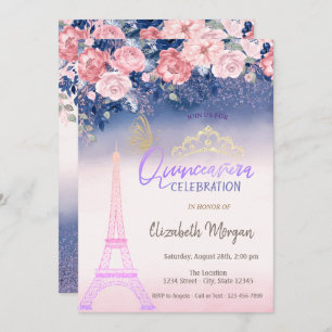 Flowers,Eiffel Tower Butterfly Ombre Quinceanera  Invitation