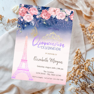 Flowers,Eiffel Tower Butterfly Ombre Quinceanera Invitation