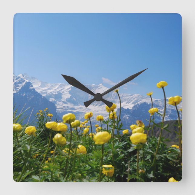 Flowers | Eiger Monch Swiss Alps Square Wall Clock (Front)