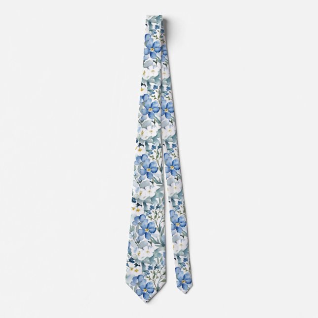 Flowers Elegant Watercolor Stylish Blue White Tie (Front)