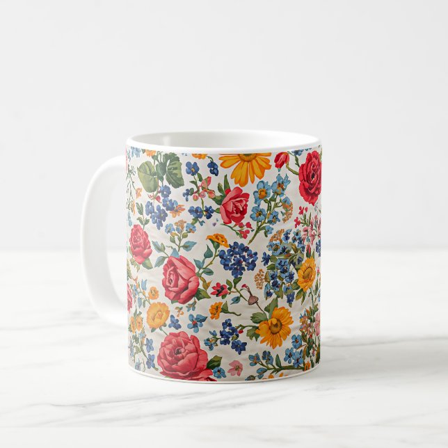 Flowers Everywhere, colorful design, Coffee Mug (Front Left)