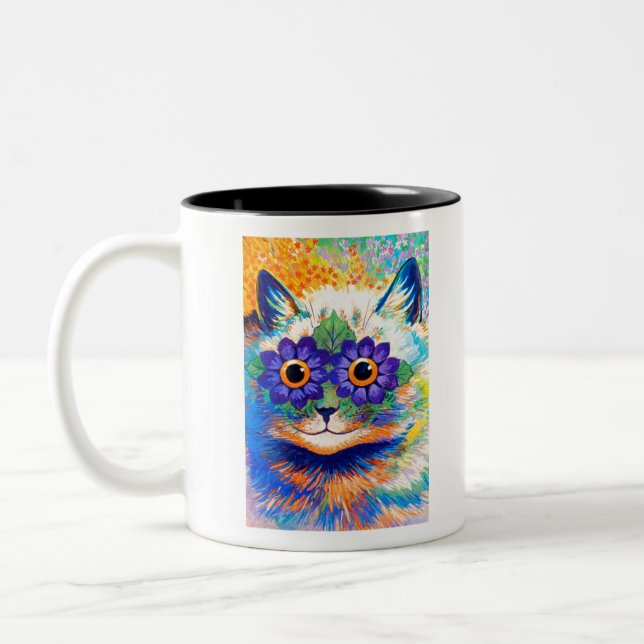 Flowers eyes cat by Louis Wain Two-Tone Coffee Mug (Left)