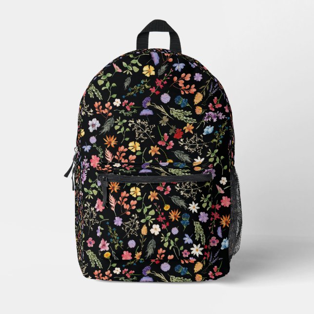 Flowers fantasy and black printed backpack (Front)
