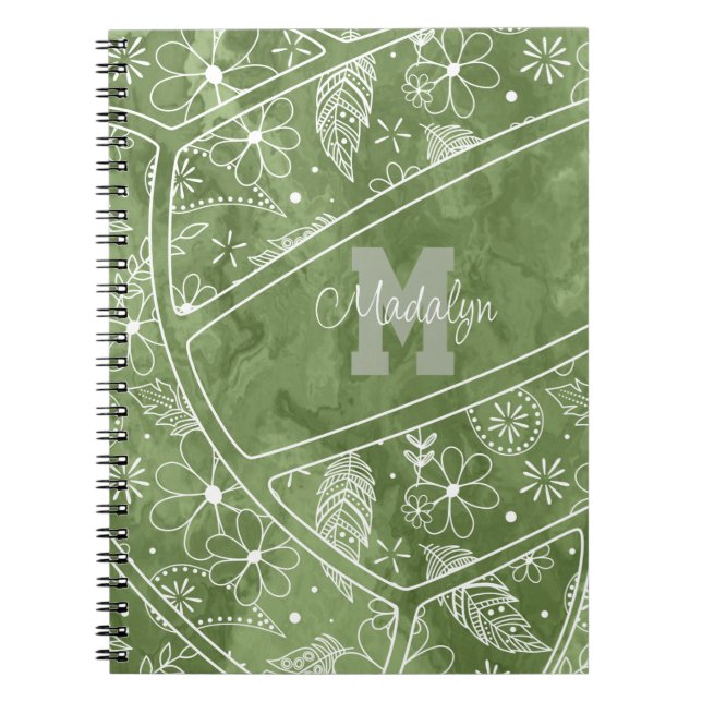 flowers feathers paislies green volleyball notebook (Front)