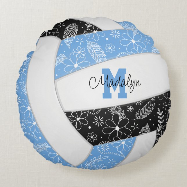 flowers feathers paislies lt blue black volleyball round cushion (Front)