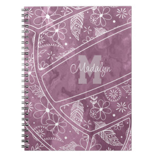 flowers feathers paislies pattern plum volleyball notebook