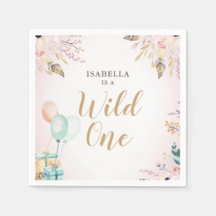 Flowers & Feathers Wild One Girl's 1st Birthday Napkin