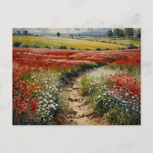 Flowers Field Red White Flowers Nature Scene Postcard