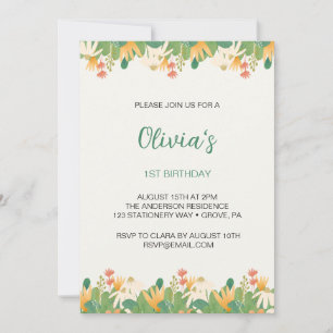 Flowers First Birthday Invitation