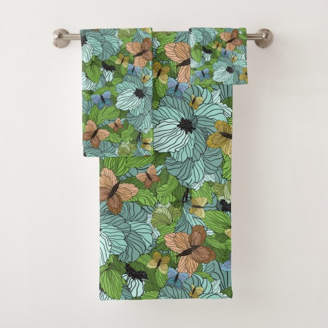 Flowers Floral Foliage Butterflies Shades of Green Bath Towel Set (Insitu)