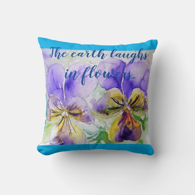 Flowers floral Turquoise Blue pansy poppy Cushion (Front)