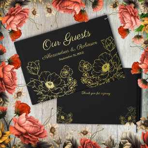 Flowers Floral Wedding Anniversary Gold Black Guest Book