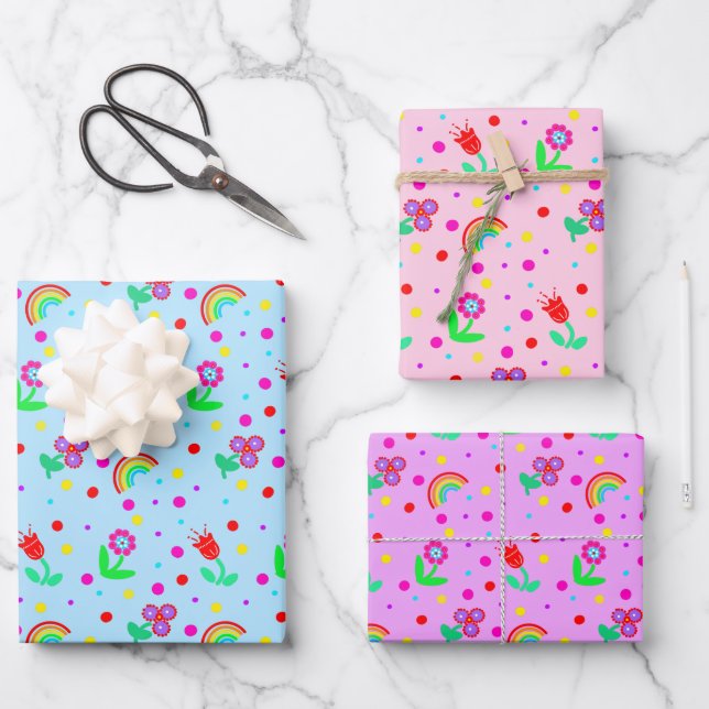 Flowers, Flowers and Polka Dots Girl's   Wrapping Paper Sheet (Front)