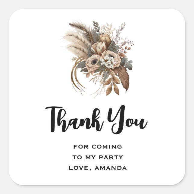 Flowers Foliage and Feathers Party Thank You Square Sticker (Front)