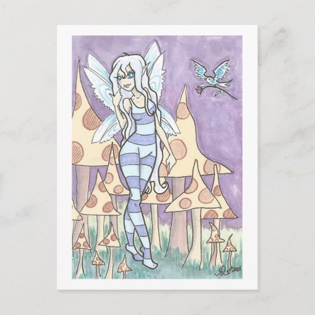 Flowers for Fae fairy + Bird Fantasy Art Print Postcard (Front)