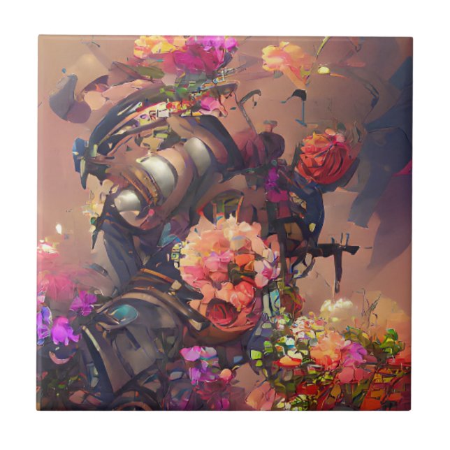 Flowers fuchsia yellow pink steampunk digital art  tile (Front)