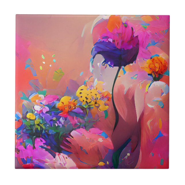 Flowers fuchsia yellow purple digital art  tile (Front)