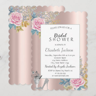 Flowers,Glitter High Heels Rose Gold Bridal Shower Invitation