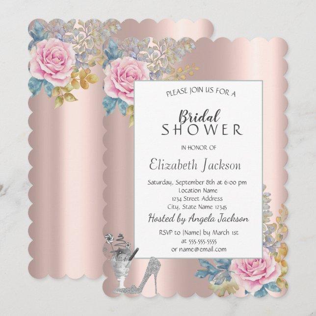 Flowers,Glitter High Heels Rose Gold Bridal Shower Invitation (Front/Back)