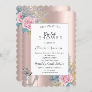Flowers,Glitter High Heels Rose Gold Bridal Shower Invitation