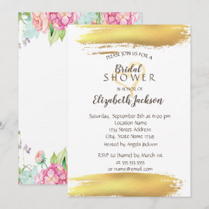 Flowers Gold Brush Stroke Bridal Shower Invitation