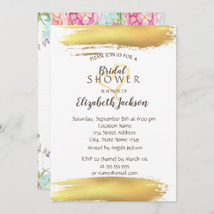 Flowers Gold Brush Stroke Bridal Shower Invitation