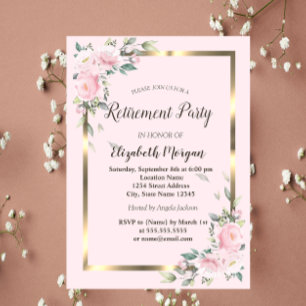  Flowers Gold Frame Pink Retirement  Invitation
