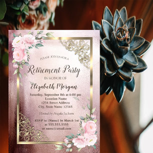 Flowers Gold Frame Retirement Invitation
