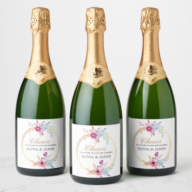 Flowers & Gold Geometric Elegant Wedding Cheers Sparkling Wine Label (Bottles)