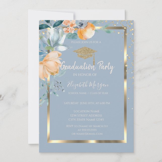 Flowers Gold Grad Cap Dusty Blue Graduation Invitation (Front)