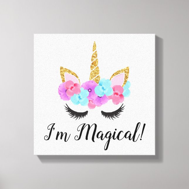 Flowers Gold Magical Unicorn Girls Canvas Print (Front)