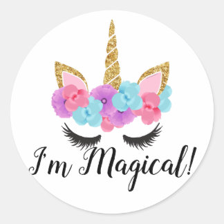 Flowers Gold Magical Unicorn Girls Classic Round Sticker