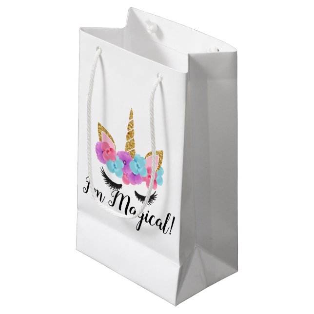 Flowers Gold Magical Unicorn Girls Small Gift Bag (Front Angled)