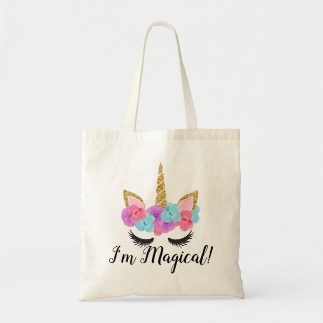 Flowers Gold Magical Unicorn Girls Tote Bag (Front)