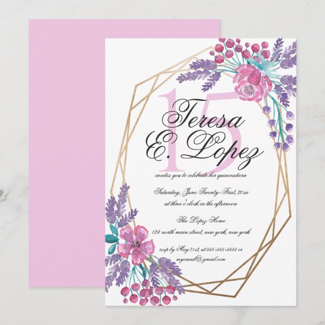 Flowers Gold Terrarium Watercolor Quinceañera Invitation (Front/Back)