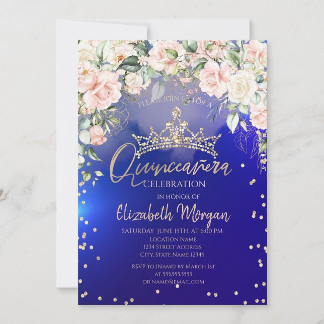Flowers Gold Tiara Diamonds Blue Quinceañera  Invitation (Front)