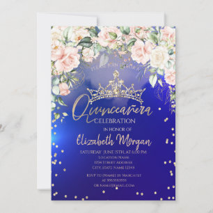 Flowers Gold Tiara Diamonds Blue Quinceañera  Invitation