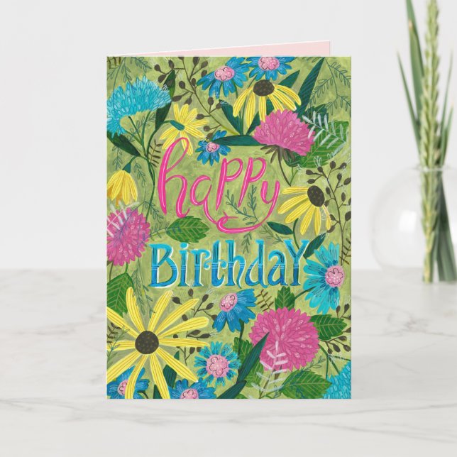 Flowers green and pink floral happy birthday  card (Front)