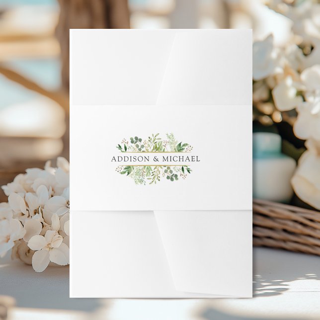 Flowers Green Gold Invitation Belly Band (Botanical Green Gold Invitation Belly Band with your names)