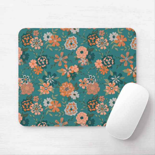 Flowers Green Orange Botanical Pattern Girly Mouse Mat (With Mouse)