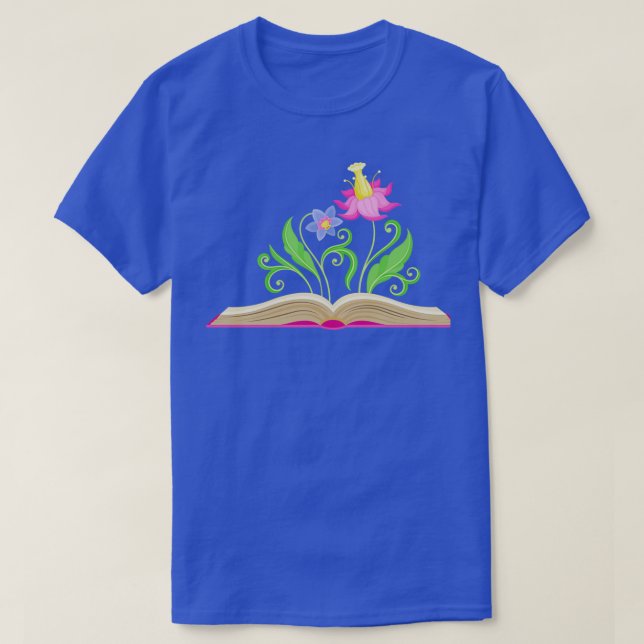 Flowers growing from book Book lover Flower lover T-Shirt (Design Front)
