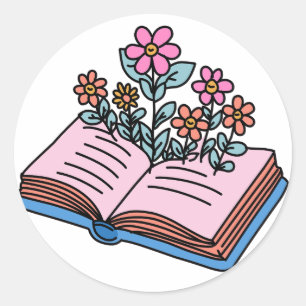 flowers growing from book classic round sticker