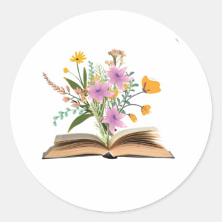 Flowers growing from books  classic round sticker