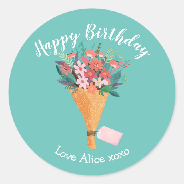 flowers happy birthday bouquet gift wrapping classic round sticker (Front)