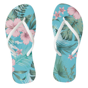 Flowers Hawaiian Tropical Pattern Light Blue Flip Flops