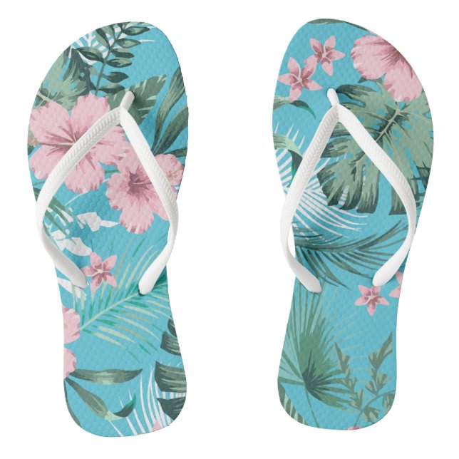 Flowers Hawaiian Tropical Pattern Light Blue Flip Flops (Footbed)