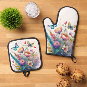 Flowers, hearts and butterflies oven mitt & pot holder set