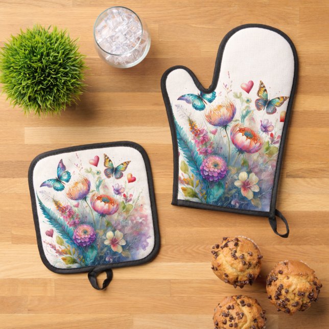 Flowers, hearts and butterflies oven mitt & pot holder set (Top Down)