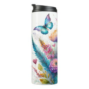 Flowers, hearts and butterflies personalised thermal tumbler